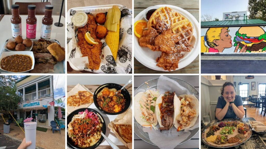 The Best Casual Restaurants in Atlanta: bbq plate and sauces, catfish & corn on the cob, chicken and waffles, burger mural, lottafrutta smoothie in front of shop, asian curries and roti, 3 tacos, me with Ethiopian platter