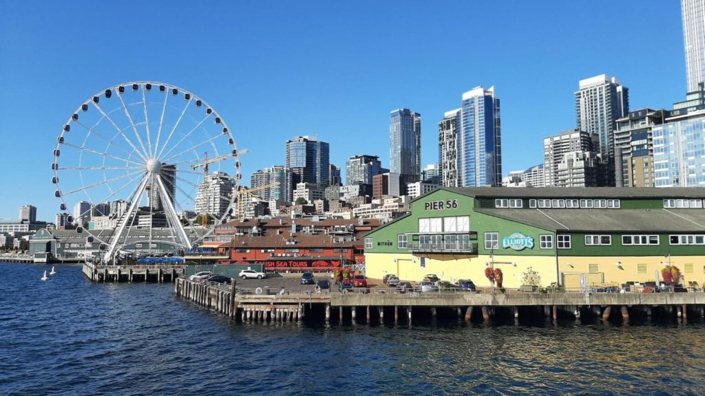 Seattle Skyline of great wheel and pier 56