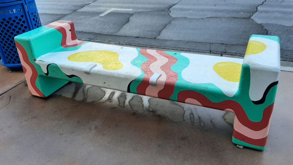 Eggs and bacon painted bench in downtown Palm Springs