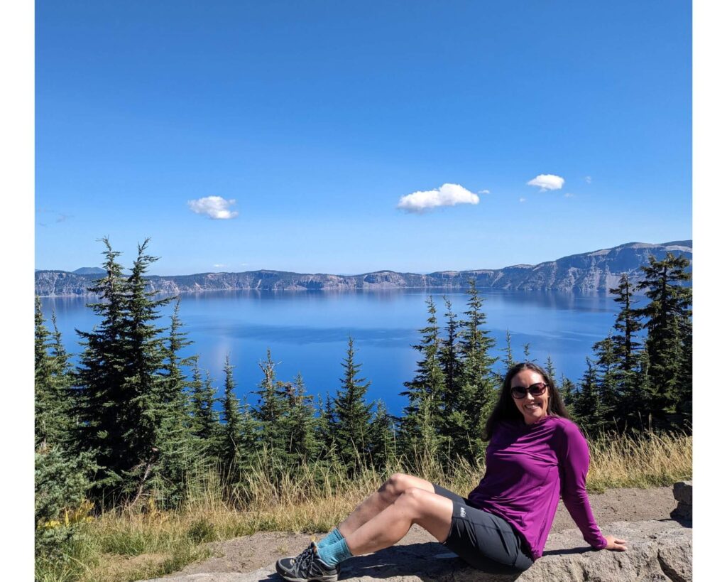 Wearing the fuchsia Crater Lake Shirt at Crater Lake NP!