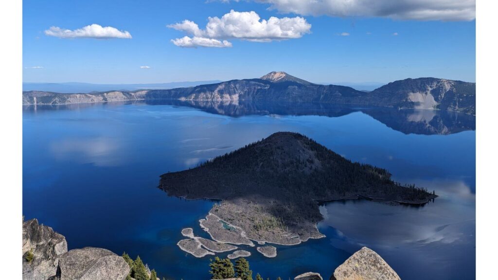 View of Wizard Island from Watchman Peak, a Crater Lake Hike