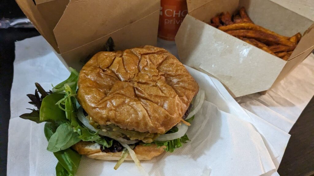 Green Chile Cheeseburger with sweet potato fries