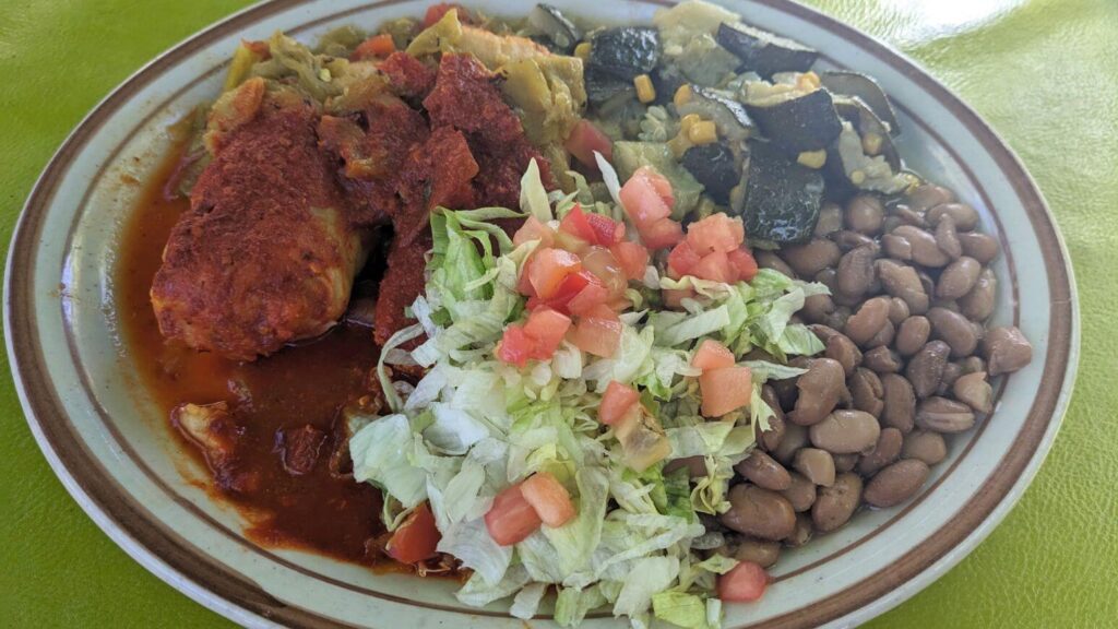 New Mexican Chiles in Tamales: tamales, salad, calabacitas, and beans