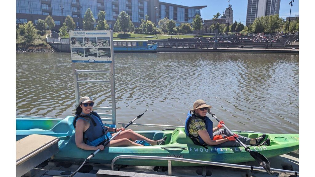 Two people in a kayak on St Marys River in Fort Wayne - Northern Indiana Road Trip