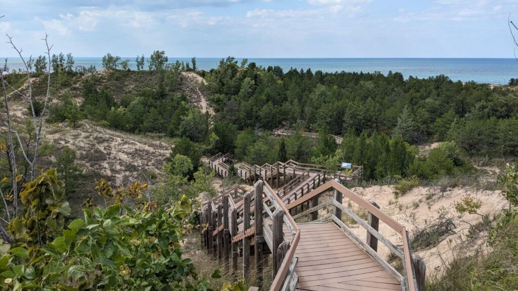 Huge staircase on the West Bach loop with views of the lake in the distance. Things to do in Northern Indiana.