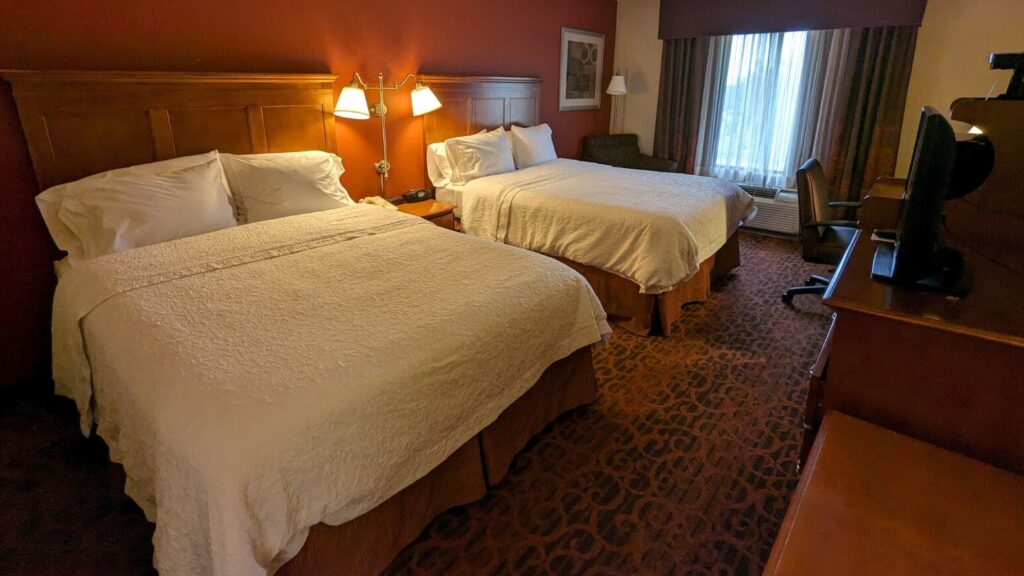 Two queen beds at the Hampton Inn in Michigan City