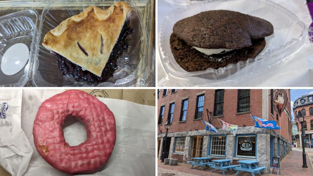 Blueberry pie, whoopie pie, pink donut, and outside of Beal's Ice Cream