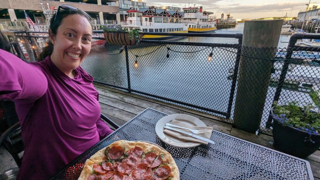 Flatbread Co in Portland at an outdoor table on the pier