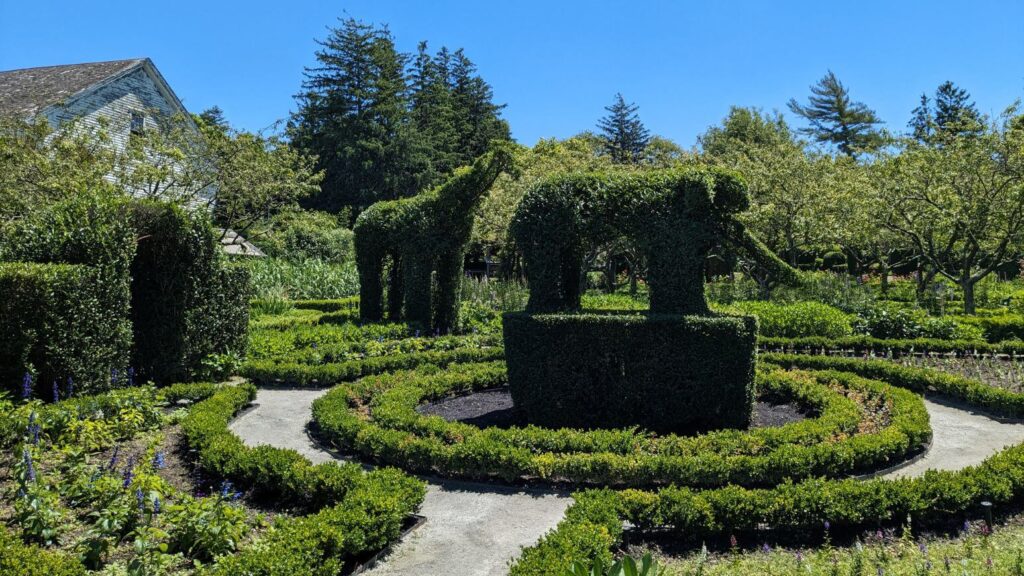Elephant and giraffe topiaries at Green Animals Topiary Gardens