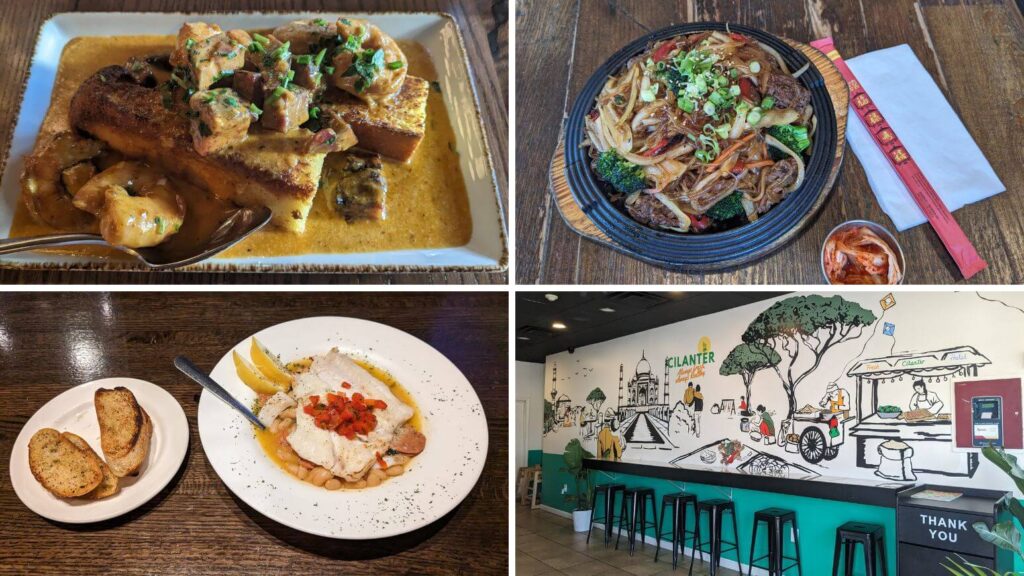 Shrimp and cornbread / Korean bowl // fish and garlic bread // Cilanter seating and mural