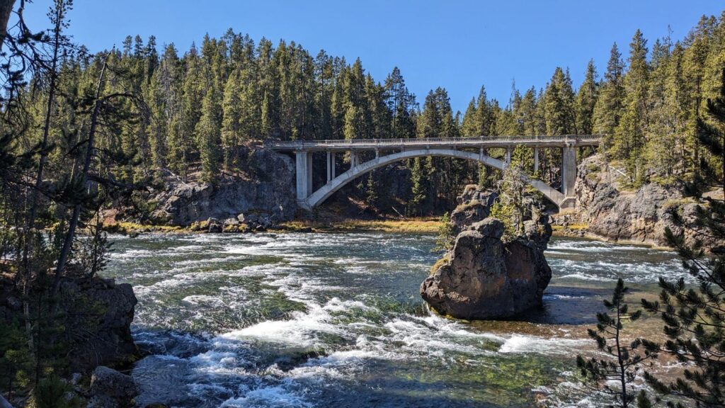 South Rim Trailhead view of a bridge and the Yellowstone River - Grand Canyon of the Yellowstone