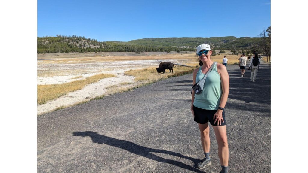 Person standing in front of a bison