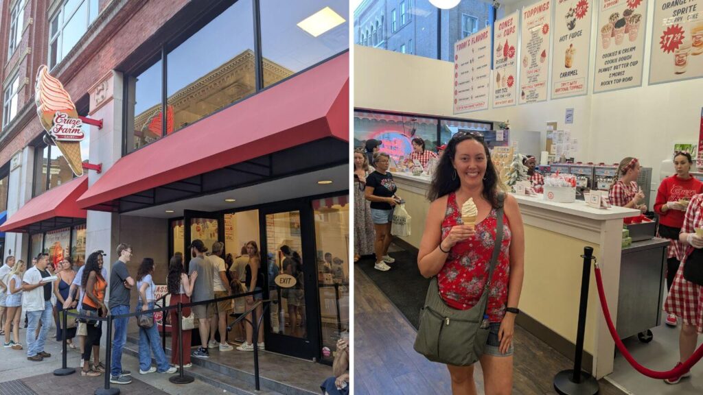The line in front of Cruze Farm Ice Cream and inside with a ice cream cone